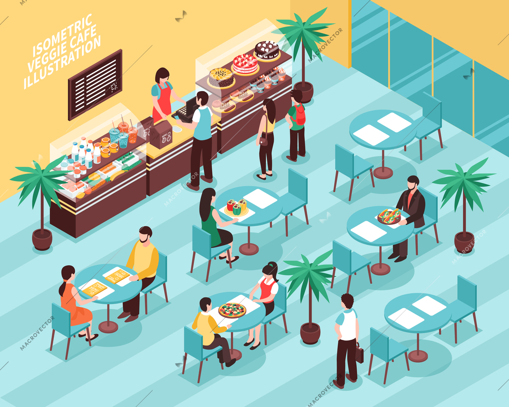 Veggie cafe isometric composition with visitors  sitting indoor at tables and cashier behind counter vector illustration