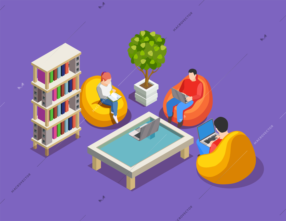 Coworking people isometric composition with human characters sitting in colourful beanbag chairs with laptops and books vector illustration
