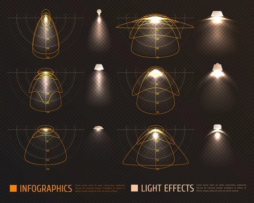 Light effects infographics with bulbs, lampshades and schemes measurements of illumination intensity on transparent background vector illustration