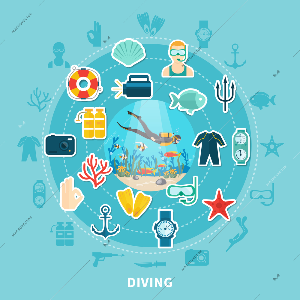 Diving round composition on blue background including icons with scuba equipment, lifebuoy and underwater wildlife vector illustration