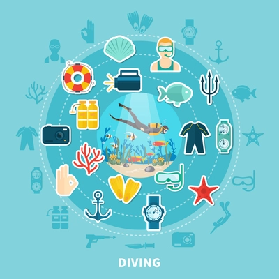 Diving round composition on blue background including icons with scuba equipment, lifebuoy and underwater wildlife vector illustration