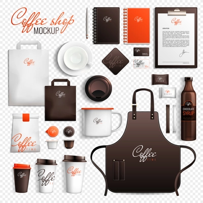 Mockup coffee shop design branding elements set on transparent background with isolated images of merchandise items vector illustration