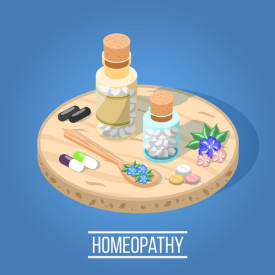 Alternative medicine isometric composition with homeopathic herbal pills bottles with capsules icons located on wooden tray vector illustration