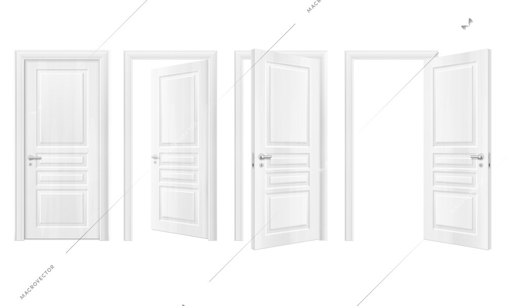 Four isolated wooden doors realistic icon set open and closed in white colors vector illustration