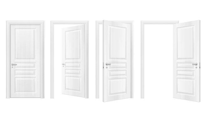 Four isolated wooden doors realistic icon set open and closed in white colors vector illustration