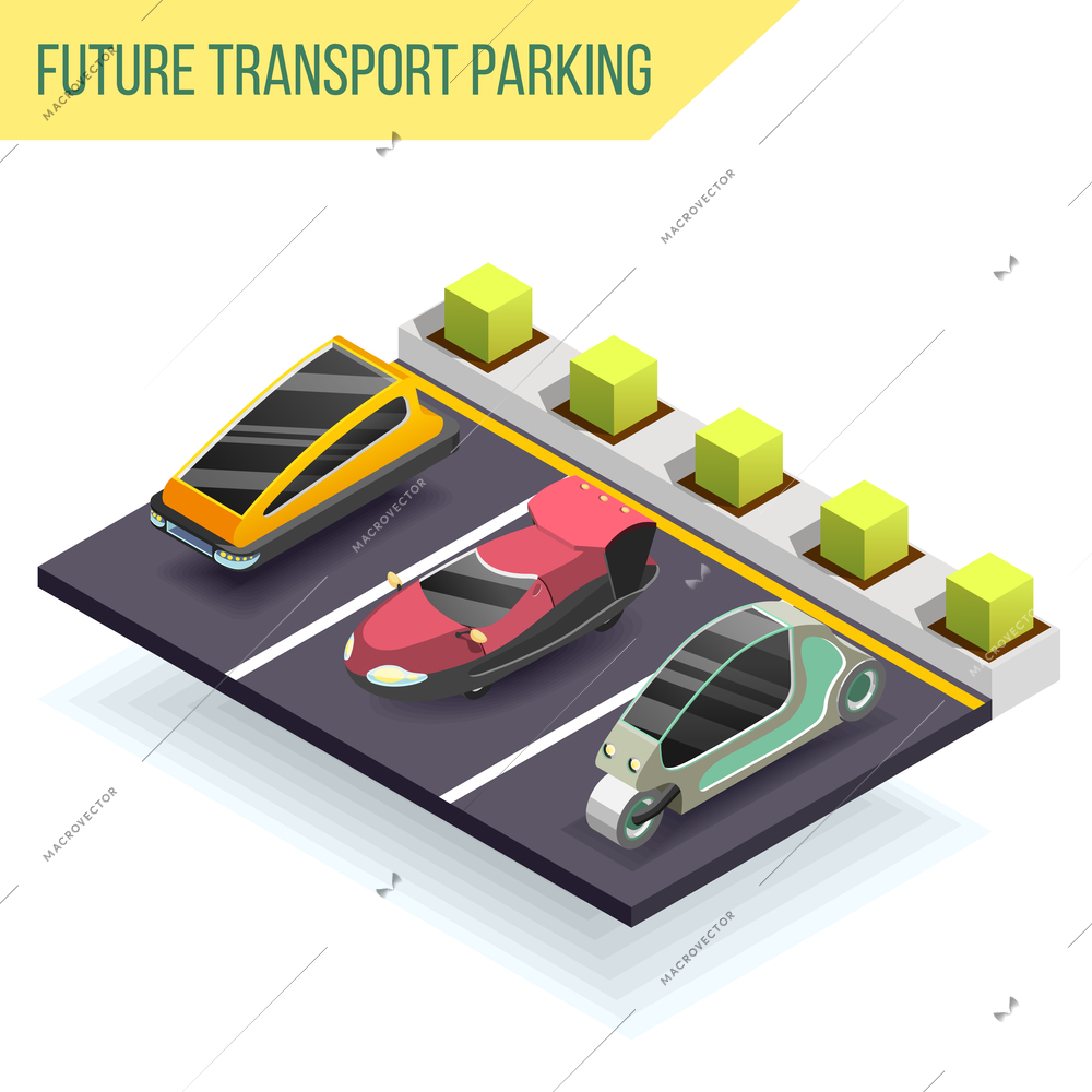 Future transport parking isometric design concept with three electric cars of fantastic shape near charger station vector illustration