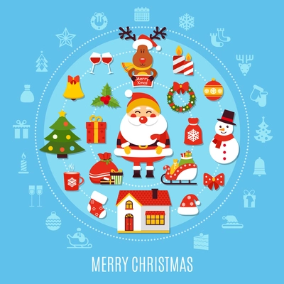 Christmas round composition with santa, snowman, deer, xmas tree, home, holiday decorations on blue background vector illustration