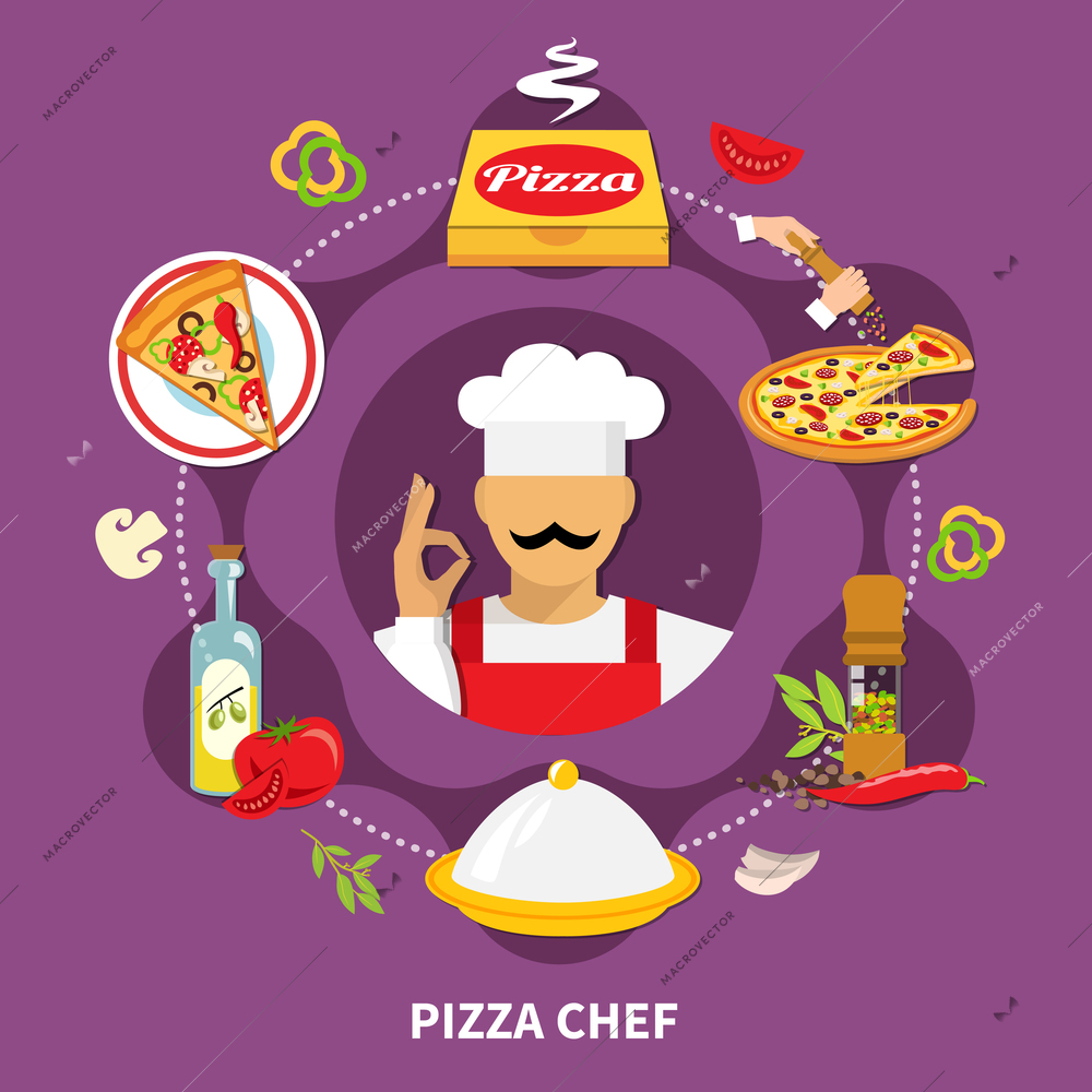 Pizza chef composition with images of pizza pieces cardboard box sauces ingredient slices and cook character vector illustration