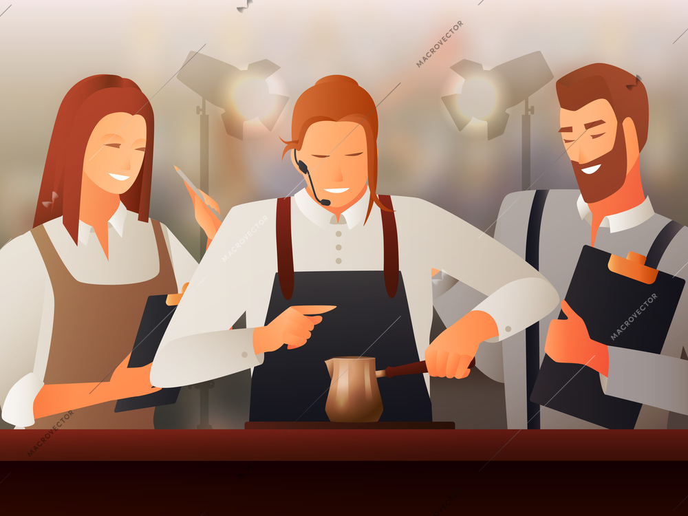 Barista people making coffee in cafe  gradient flat vector illustration