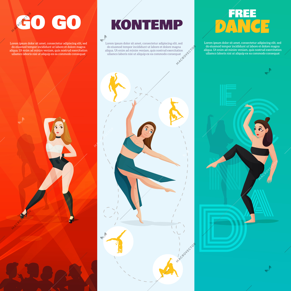 Set of vertical banners with modern dances including go-go, contemporary and free styles isolated vector illustration