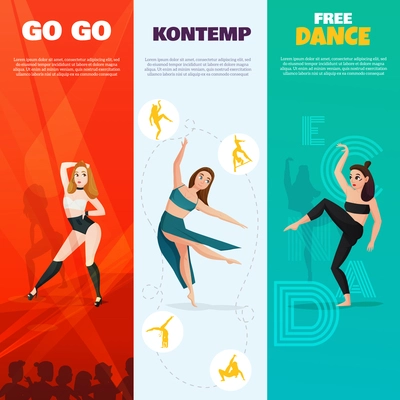 Set of vertical banners with modern dances including go-go, contemporary and free styles isolated vector illustration