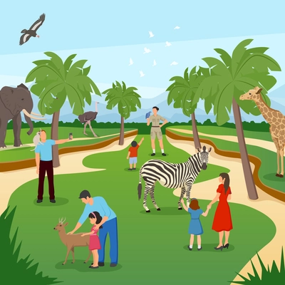 Zoo cartoon background with tropical animals and people visiting and photographing flat vector illustration