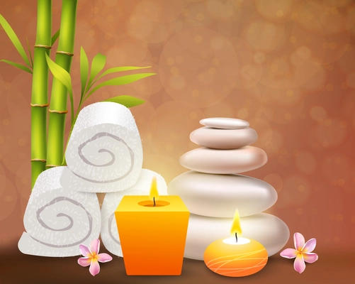 Spa realistic design concept with yellow aroma candles white towels and stones frangipani pink flowers and  green bamboo stems vector illustration