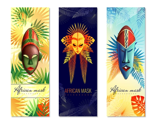 Set of three african vertical banners with ethnic masks for ghost dance and colourful tree leaves vector illustration