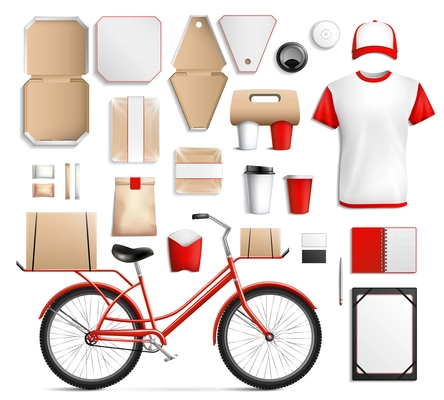 Packaging template set from cardboard and plastic for street food with bicycle for delivery isolated vector illustration