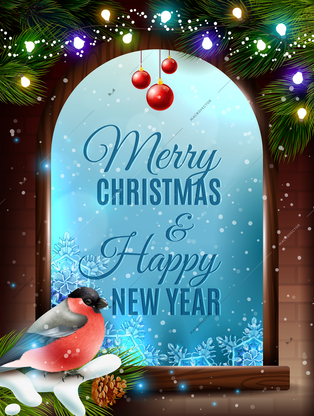 Christmas window frame with bullfinch on fir branch, greetings on blue background with frosty pattern vector illustration