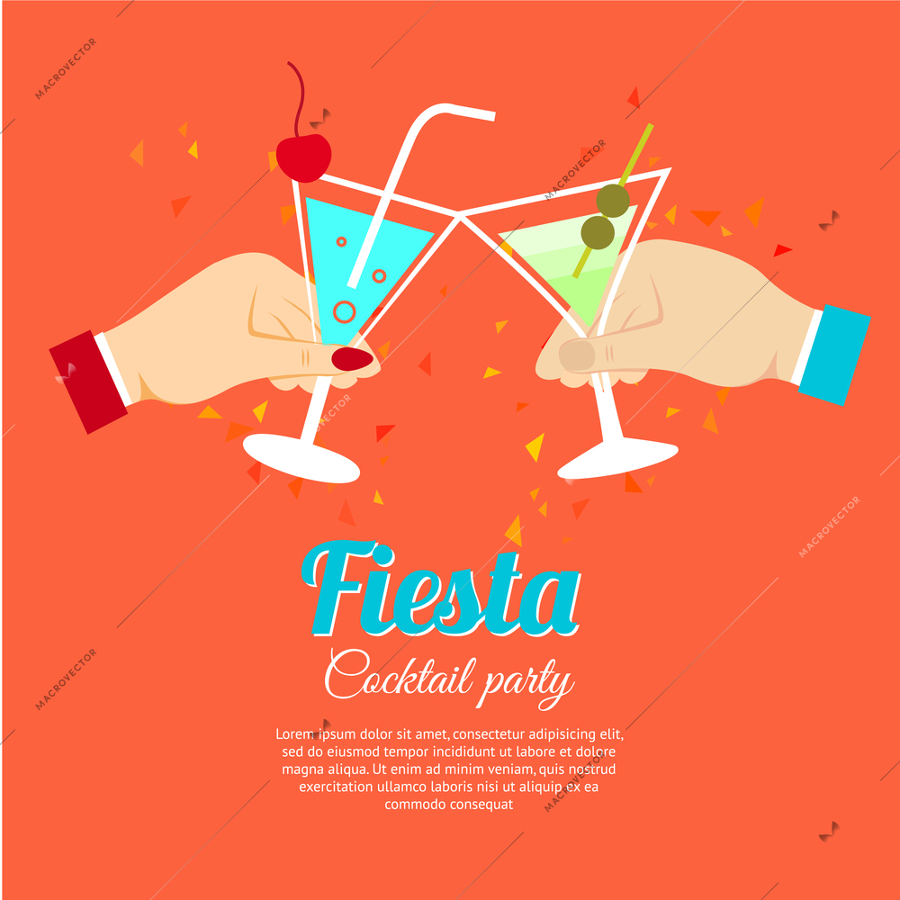 Cocktail party fiesta two hands holding martini glasses poster vector illustration