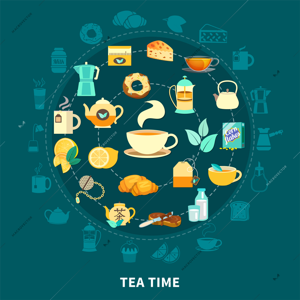 Tea time round composition with hot drink, cups, teapots, milk, pastry on dark blue background vector illustration