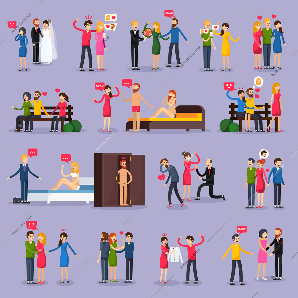 Love triangle set of orthogonal icons with people in various situations on lilac background isolated vector illustration