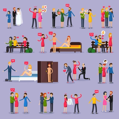 Love triangle set of orthogonal icons with people in various situations on lilac background isolated vector illustration