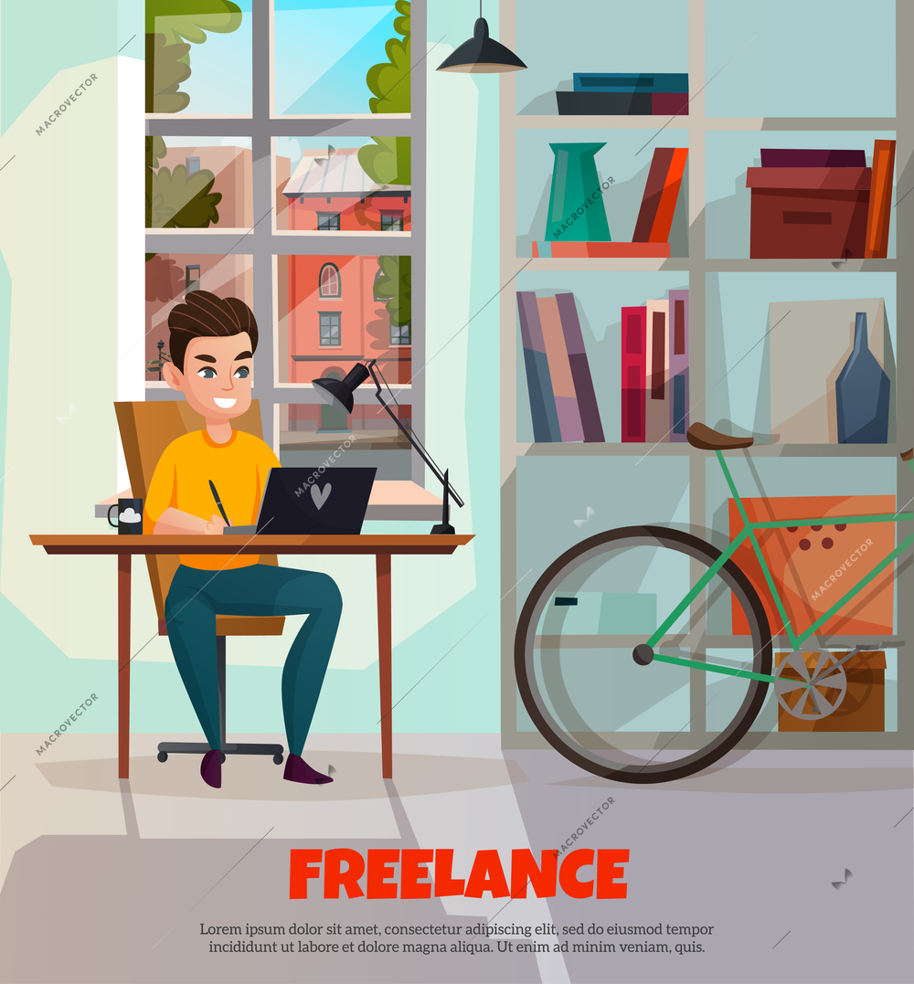 Freelancer sitting at table during computer work on window background in home interior with bicycle vector illustration