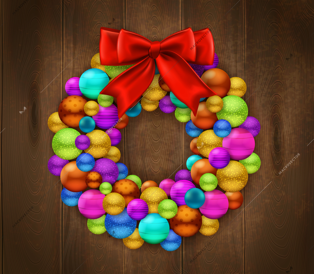 Festive  background with fragment of wooden door decorated by wreath made of colorful christmas balls and red bow realistic vector Illustration