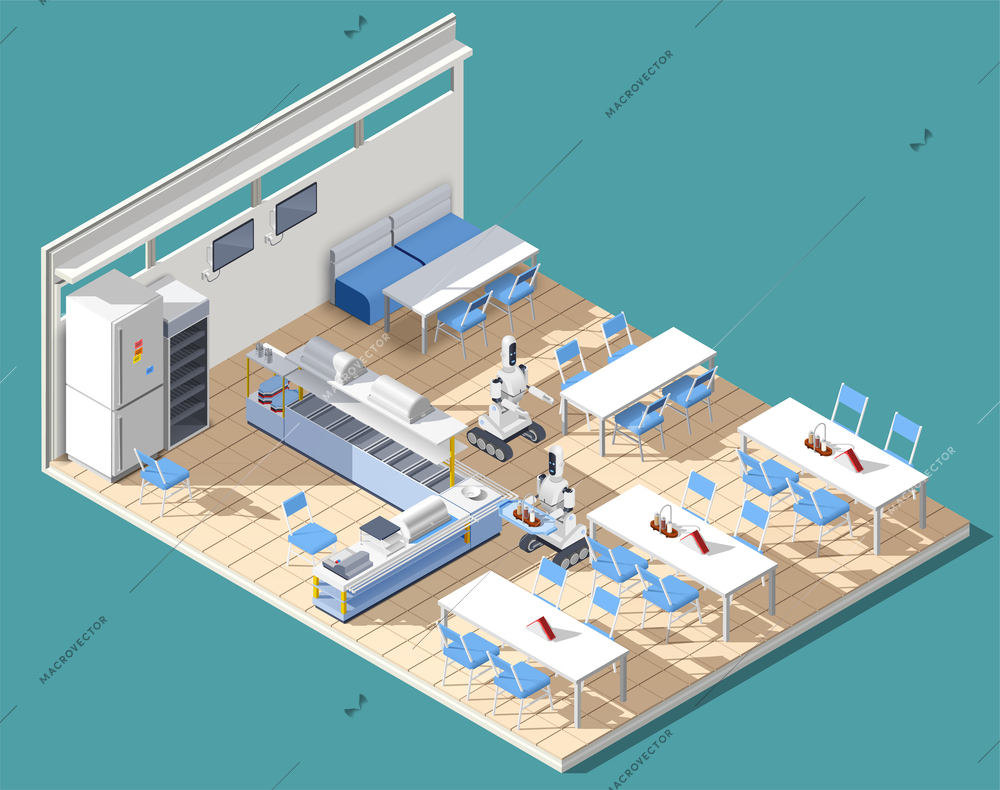 Fast food service restaurant isometric interior with tables chairs and robotic waiters chasing food on platters vector illustration