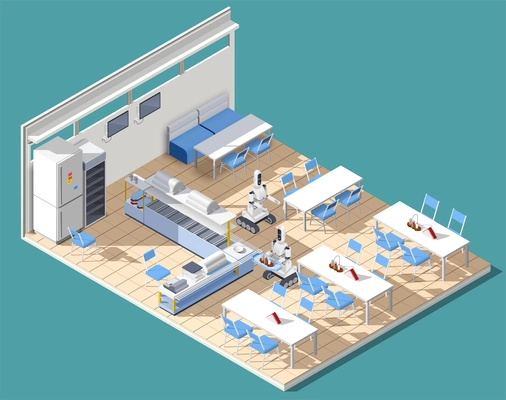 Fast food service restaurant isometric interior with tables chairs and robotic waiters chasing food on platters vector illustration