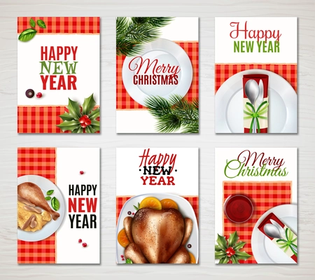 Six colored vertical realistic turkey christmas banner set with happy new year and merry Christmas descriptions vector illustration