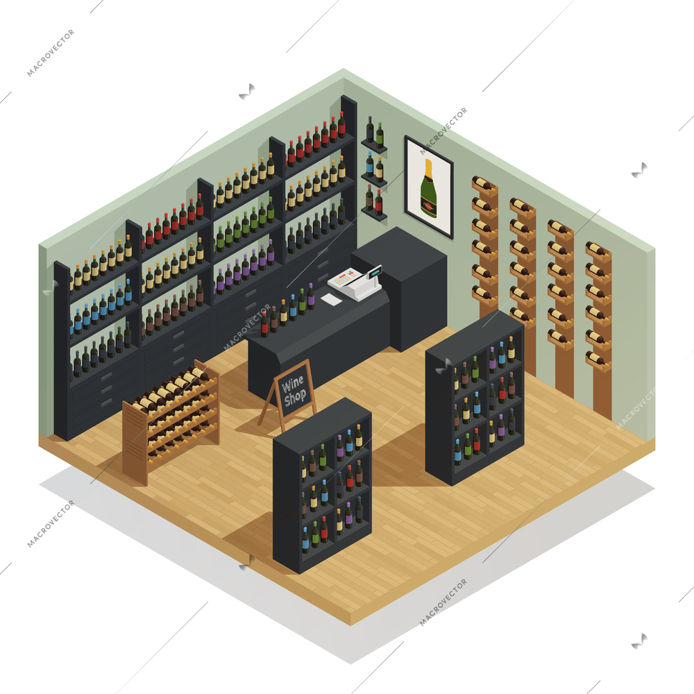 Wine shop interior isometric composition with counter cash register and shelves of vine bottles vector illustration