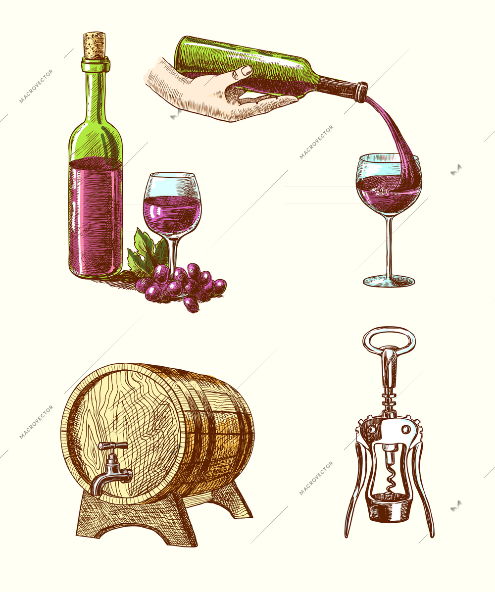 Wine vintage hand drawn decorative icons set of corkscrew barrel bottle wine isolated vector illustration
