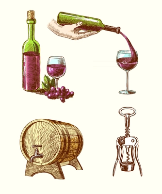 Wine vintage hand drawn decorative icons set of corkscrew barrel bottle wine isolated vector illustration