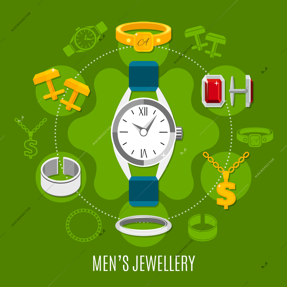 Mens jewelry round composition with hand watches, gold and silver studs, rings on green background vector illustration