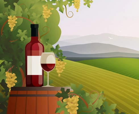 Wine and vineyard concept with mountains and hills gradient flat vector illustration