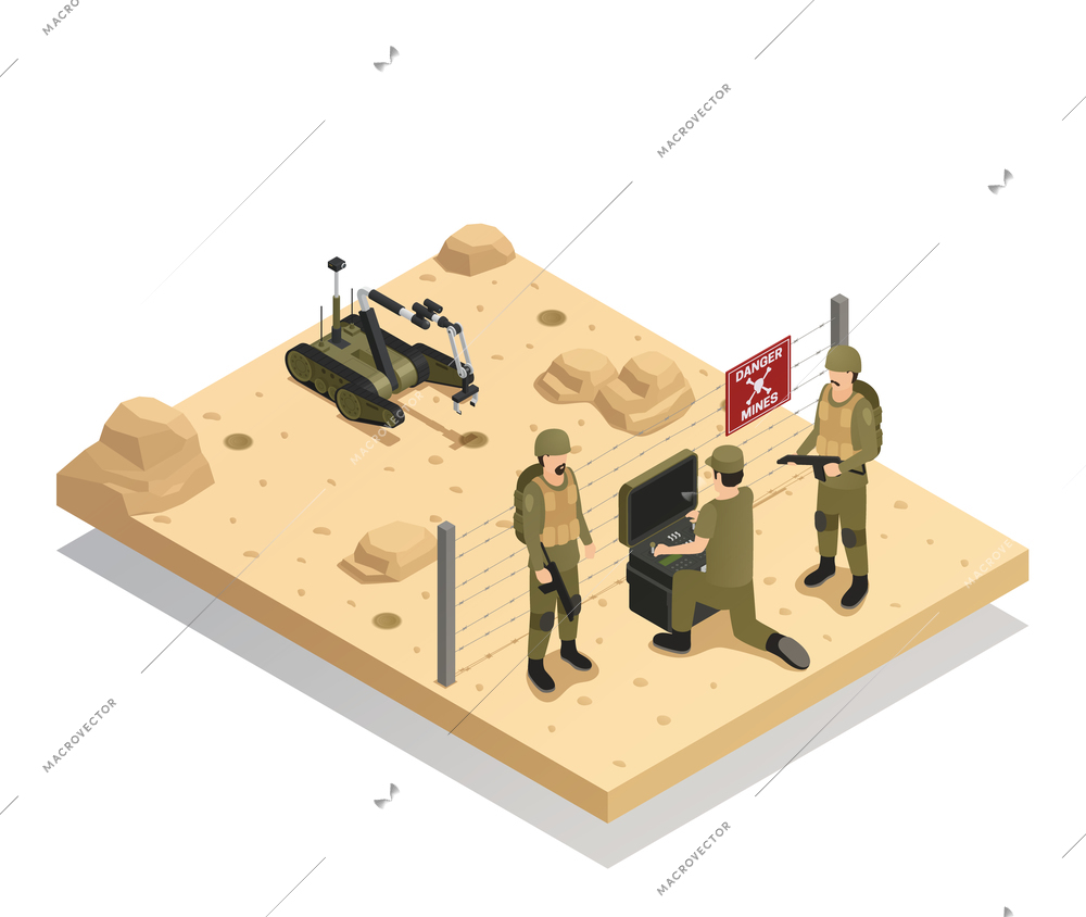 Fighting robots design concept with military experts involved in demining of dangerous area via sapper machine isometric vector illustration