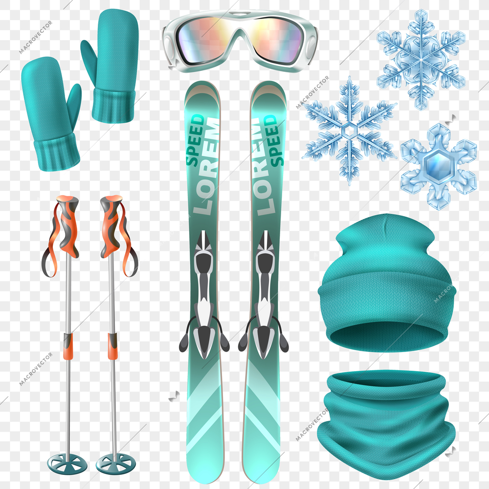 Light blue color and realistic ski winter icon set with snowflakes and equipment for sports activities vector illustration