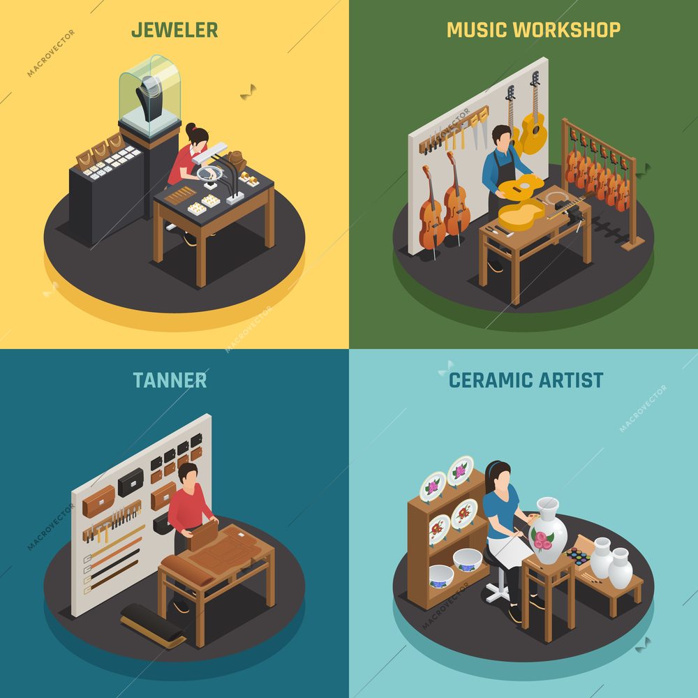 Artisan occupation 2x2 design concept with jeweler tanner ceramic artist and music workshop square icons isometric vector illustration