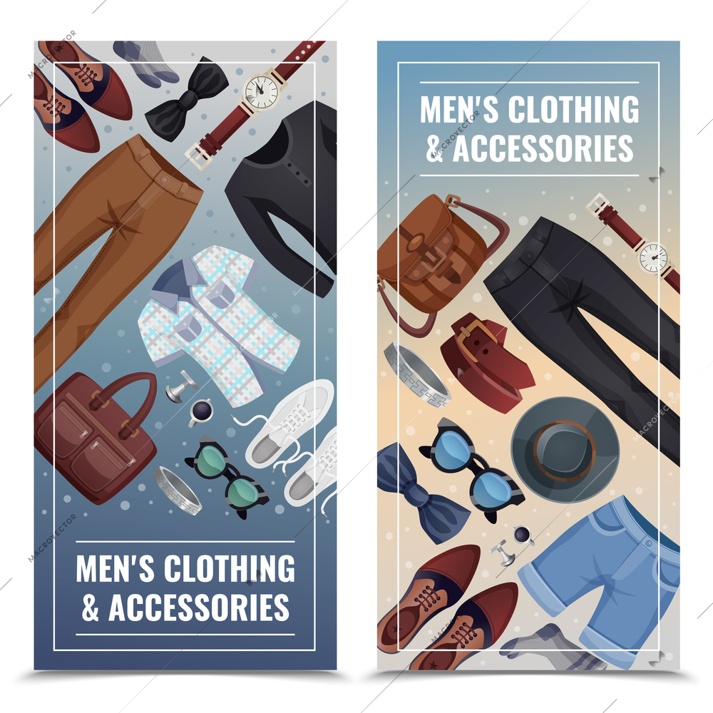 Two colored men accessories vertical banner set with men s clothing and accessories description vector illustration