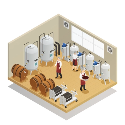 Wine production isometric composition with factory employees and equipment for extract juice fermentation pressure filtration aging vector illustration