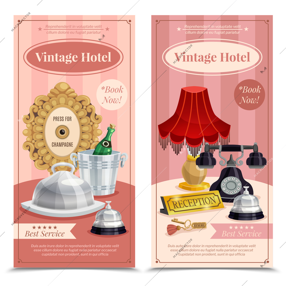 Two colored vintage hotel vertical banner set with best service book now descriptions vector illustration