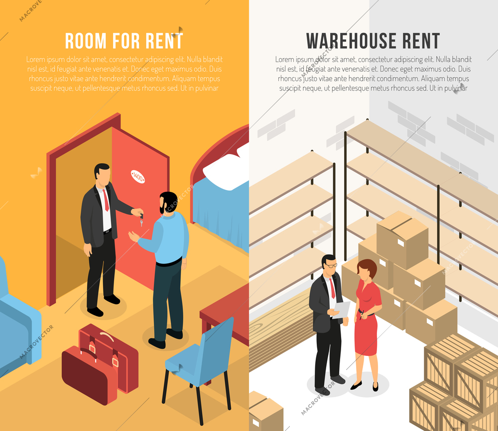 Real estate agency vertical banners with clients and agents demonstrating  room and warehouse for rent isometric vector illustration