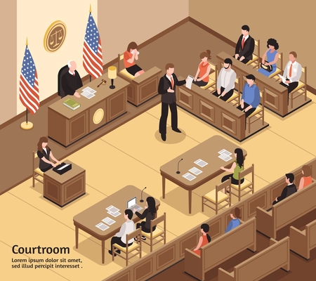 Judiciary isometric vector illustration with jury defendant advocate clerk spectators characters in courtroom interior