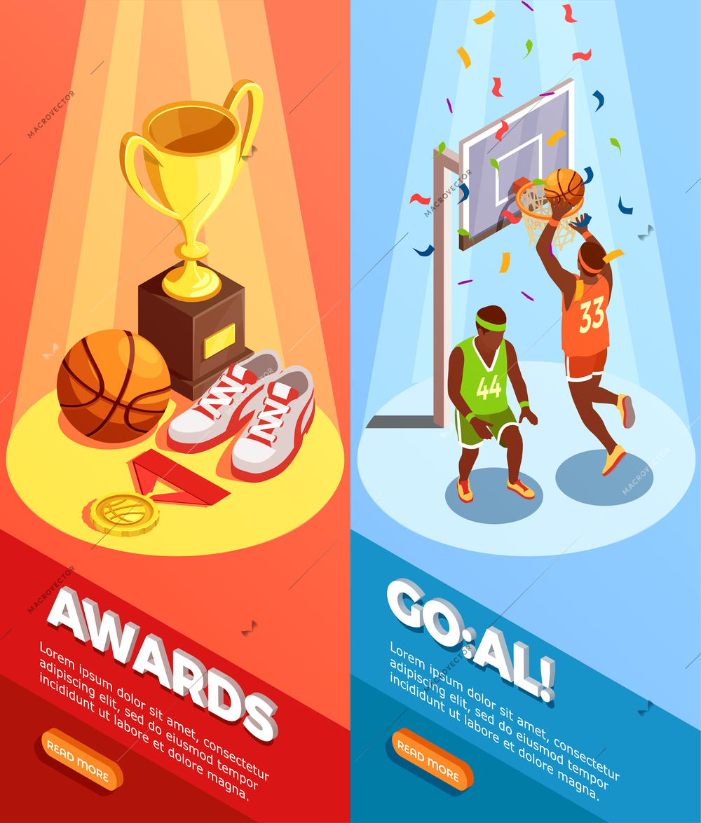 Set of two vertical basketball isometric banners with triumph images editable text and read more button vector illustration