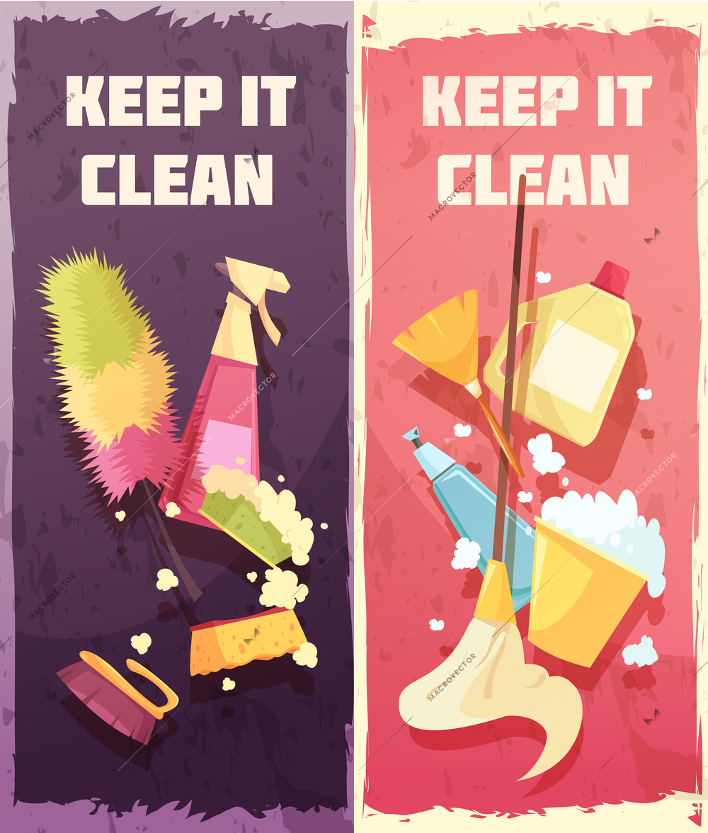 Cleaning vertical banners with tools and accessories for washing floor windows and domestic items vector illustration