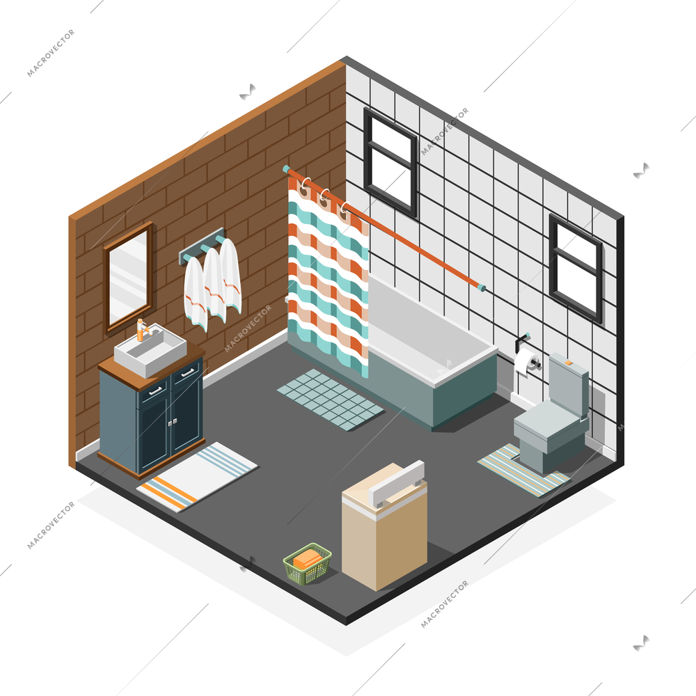 Isometric interior composition of combination bathroom with wall tiling windows bath tub and set of towels vector illustration