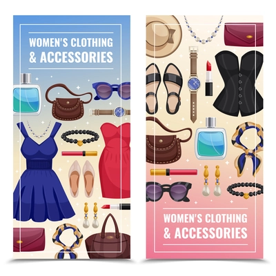 Two colored women accessories vertical banner set with womens clothing and accessories vector illustration