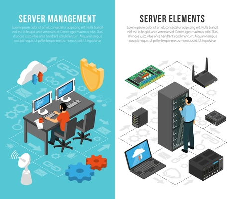 Datacenter vertical banners with server management and elements of server equipment isometric flowcharts vector illustration