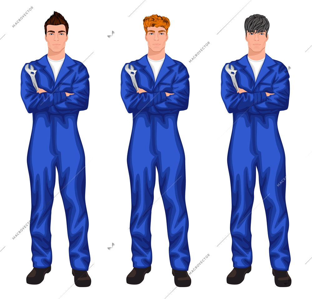 Three young auto mechanics with trendy hairstyles for red, dark brown and chestnut haired man vector illustration