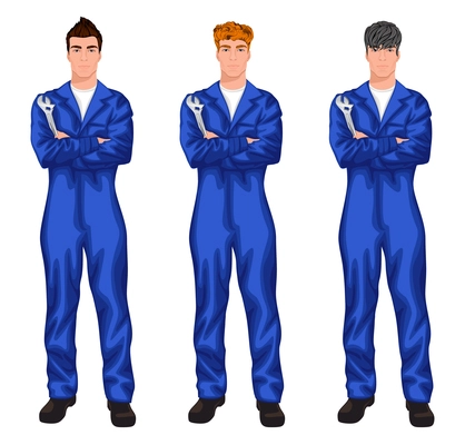 Three young auto mechanics with trendy hairstyles for red, dark brown and chestnut haired man vector illustration