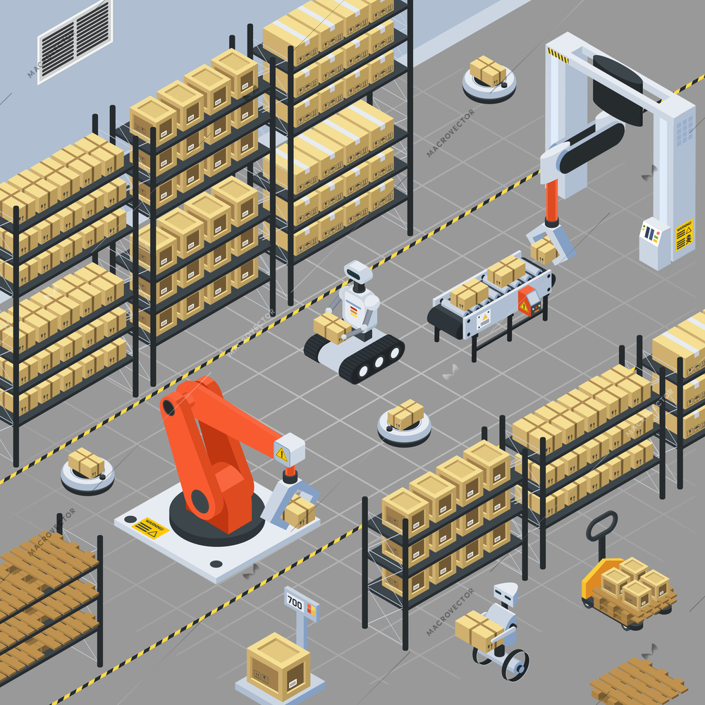 Automatic logistics solutions in warehouse facility isometric background with robotic arm gripping and placing packages vector illustration